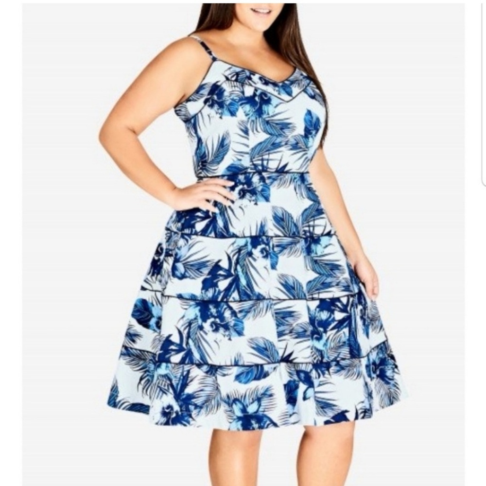 NWT Womens City Chic Blue Hawaii Palm‎ Print Fit Flare Dress Size XS/14 Tropical